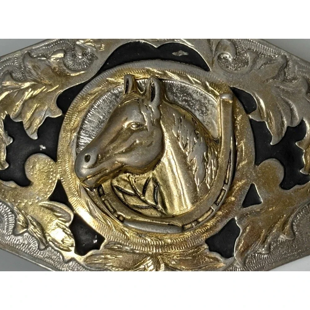 Western Horse Head Horseshoe Belt Buckle Silver Gold Tone Black Enamel Large
